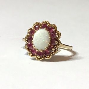OPAL AND RUBY 10 Karat Yellow Gold Ring